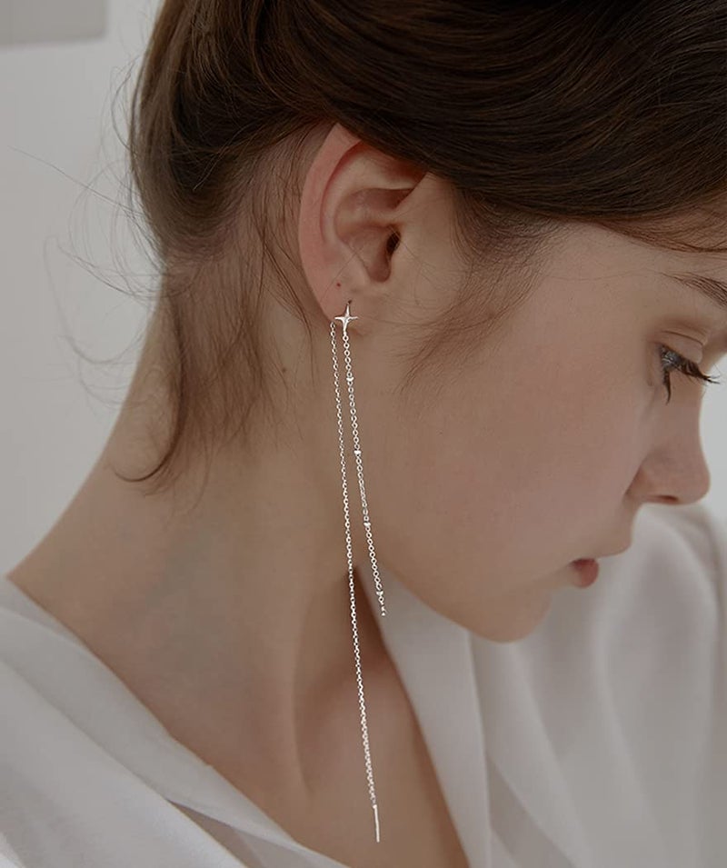 SLUYNZ 925 Sterling Silver Star Long Dangle Earrings Chain for Women Teen Girls Line Dangle Earrings Tassel Threader Chain (A-Sterling Silver) - Image 4