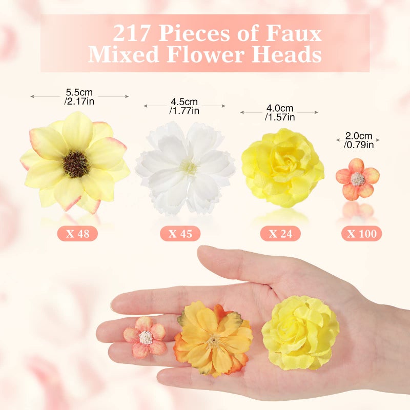 Cindeer 217 Pieces Flower Mini Silk Heads Fake Rose Daisy Faux Flowers for Crafts Rose Flowers Plum Blossom Heads Sunflower Daisy Wedding Decoration for Halloween Home Wedding  2-4 cm (Yellow Series) - Image 2
