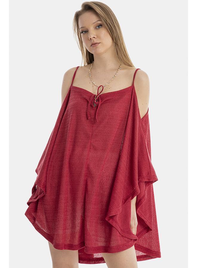 kady Jamila Women Plain Front Tie Spaghetti Straps Cold Shoulders Loose Blouse SHIRT, red, One Size - Image 1