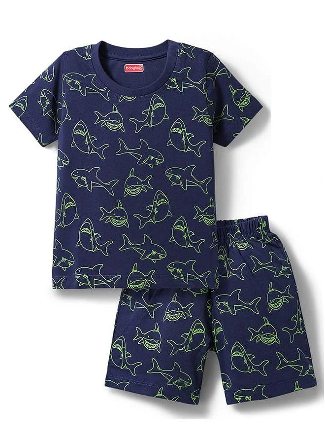 Babyhug Babyhug Cotton Knit Half Sleeves T-Shirt & Shorts Co-Ords Night Suit with Shark Print -  Navy Blue