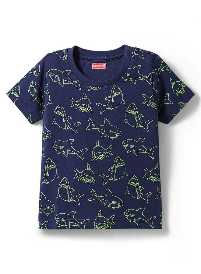 Babyhug Babyhug Cotton Knit Half Sleeves T-Shirt & Shorts Co-Ords Night Suit with Shark Print -  Navy Blue