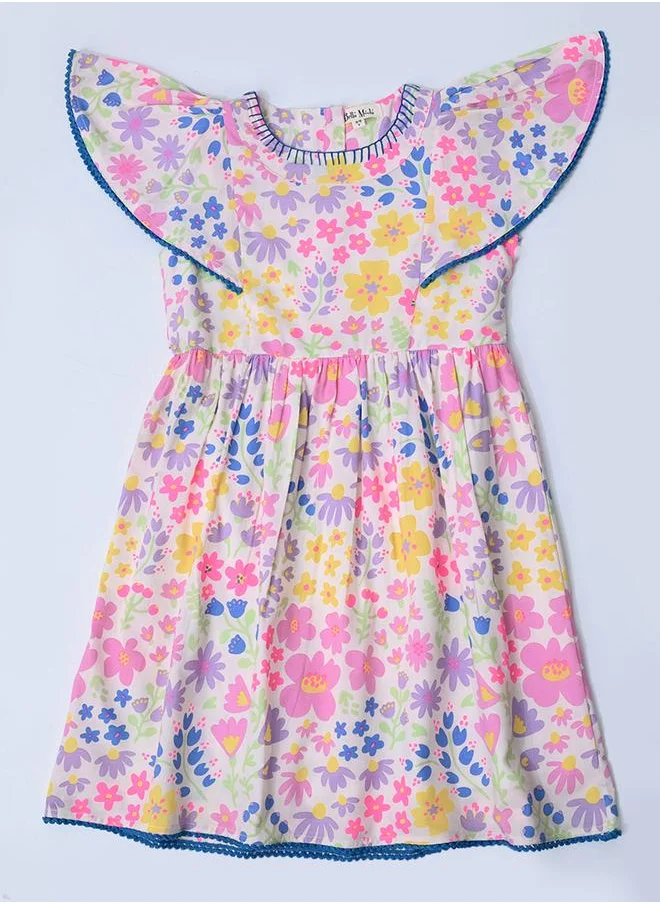 بيلا مودا Bella Moda Floral Print Flutter Sleeves Dress with Lace Detail