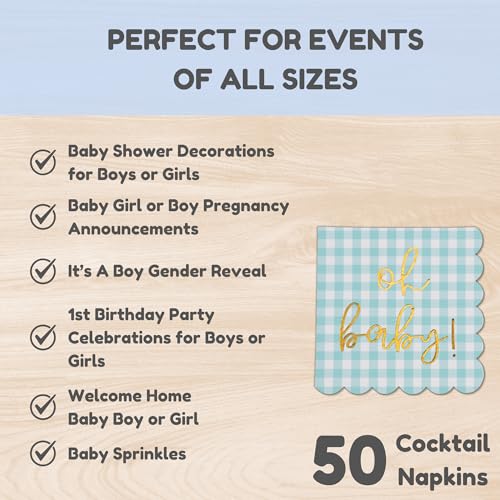 Cloverjoyed 'Oh Baby' Blue Baby Shower Decorations for Boys or Girls, Plaid Oh Baby Napkins, Gingham Scalloped It's a Boy Decor, 1st Birthday, Welcome Home, Sprinkles, Neutral Gender Reveal, 50 Pack - Image 5
