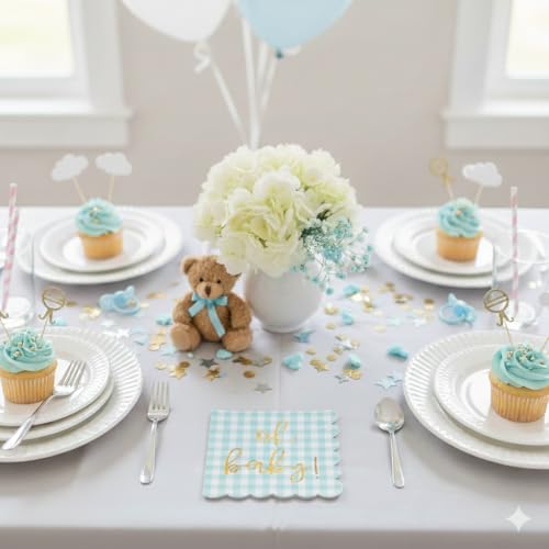 Cloverjoyed 'Oh Baby' Blue Baby Shower Decorations for Boys or Girls, Plaid Oh Baby Napkins, Gingham Scalloped It's a Boy Decor, 1st Birthday, Welcome Home, Sprinkles, Neutral Gender Reveal, 50 Pack - Image 2
