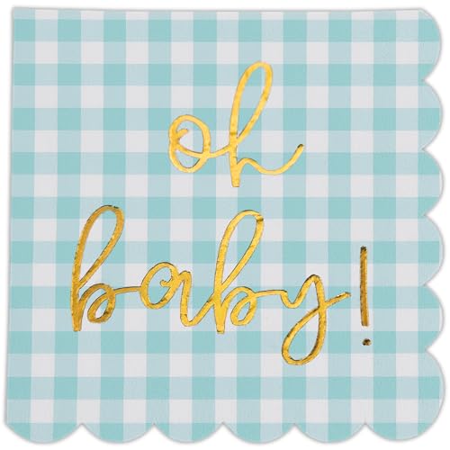 Cloverjoyed 'Oh Baby' Blue Baby Shower Decorations for Boys or Girls, Plaid Oh Baby Napkins, Gingham Scalloped It's a Boy Decor, 1st Birthday, Welcome Home, Sprinkles, Neutral Gender Reveal, 50 Pack - Image 1