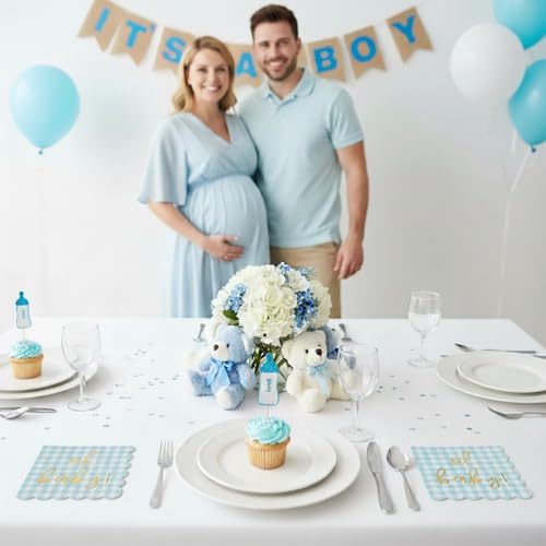 Cloverjoyed 'Oh Baby' Blue Baby Shower Decorations for Boys or Girls, Plaid Oh Baby Napkins, Gingham Scalloped It's a Boy Decor, 1st Birthday, Welcome Home, Sprinkles, Neutral Gender Reveal, 50 Pack - Image 4