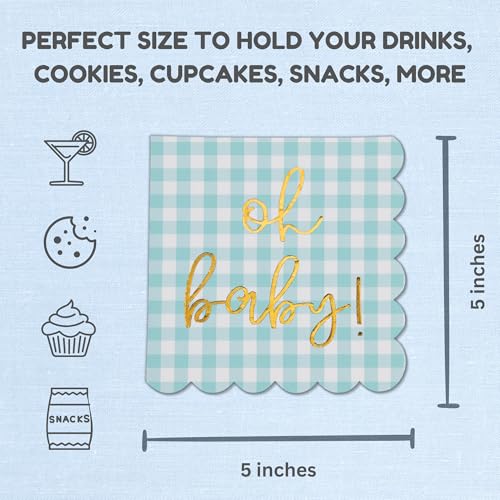 Cloverjoyed 'Oh Baby' Blue Baby Shower Decorations for Boys or Girls, Plaid Oh Baby Napkins, Gingham Scalloped It's a Boy Decor, 1st Birthday, Welcome Home, Sprinkles, Neutral Gender Reveal, 50 Pack - Image 3