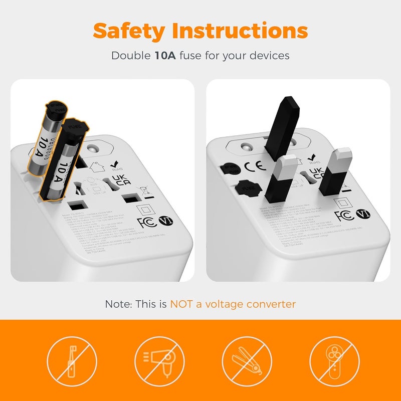 TESSAN International Travel Adapter, Universal Travel Adapter Plug with 2 USB A and 2 USB C Chargers, All in 1 Worldwide Power Adapter Socket for KSA to European UK US AU Ireland AU (Type C/G/A/I) - Image 2