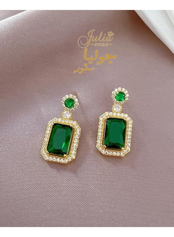 Julia Store Drop Dangle Green Earrings for Women May Birthstone Large 18K Gold Plated Stainless Steel Iced Big Cushion Cubic Zirconia Earrings Trendy Jewelry  - Image 1