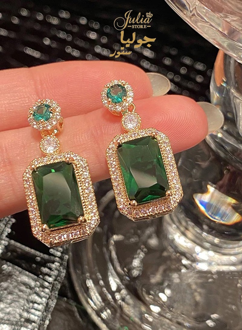 Julia Store Drop Dangle Green Earrings for Women May Birthstone Large 18K Gold Plated Stainless Steel Iced Big Cushion Cubic Zirconia Earrings Trendy Jewelry  - Image 3
