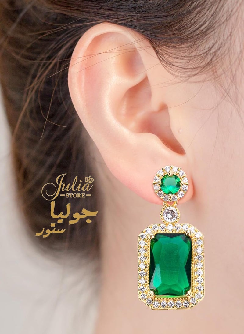 Julia Store Drop Dangle Green Earrings for Women May Birthstone Large 18K Gold Plated Stainless Steel Iced Big Cushion Cubic Zirconia Earrings Trendy Jewelry  - Image 4