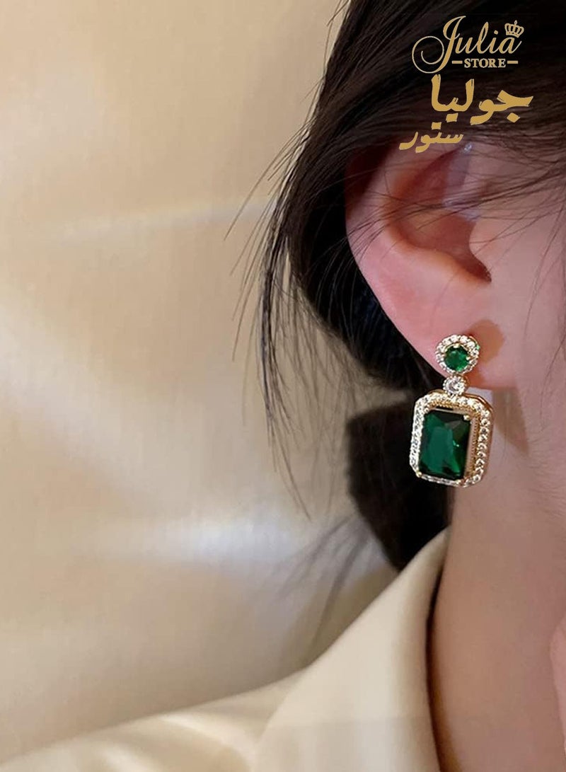 Julia Store Drop Dangle Green Earrings for Women May Birthstone Large 18K Gold Plated Stainless Steel Iced Big Cushion Cubic Zirconia Earrings Trendy Jewelry  - Image 5