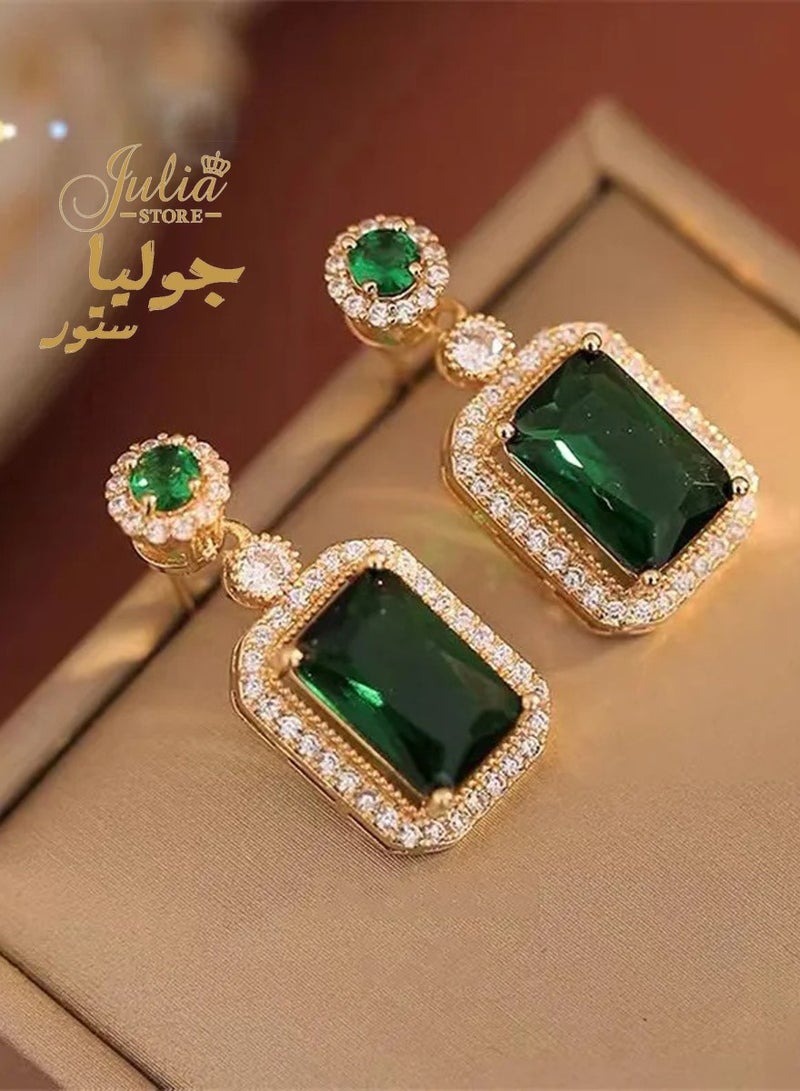 Drop Dangle Green Earrings for Women May Birthstone Large 18K Gold Plated Stainless Steel Iced Big Cushion Cubic Zirconia Earrings Trendy Jewelry