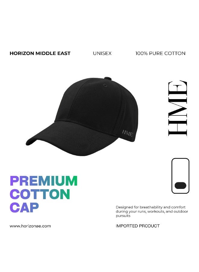 H M E HME Premium 100% Cotton Black Baseball Cap - Adjustable Size Hat for Running, Workouts, and Outdoor Activities - Baseball Cap for Men and Women - Image 1