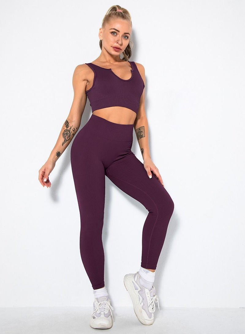 Loquat Solid V-neck Bra Tights Sports Set Purple - Image 1