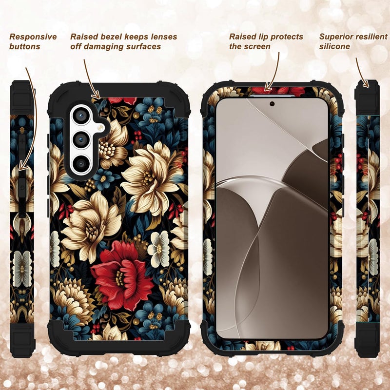 SleekCover for Galaxy S24 Plus Case,3 in 1 Floral Pattern Heavy Duty Shockproof Soft Silicone Rubber Bumper+Hard Plastic Hybrid Protective Cover for Samsung Galaxy S24 Plus 6.7",Black Flower - Image 3