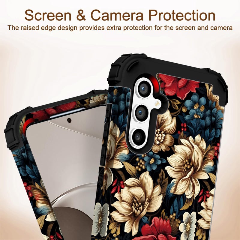 SleekCover for Galaxy S24 Plus Case,3 in 1 Floral Pattern Heavy Duty Shockproof Soft Silicone Rubber Bumper+Hard Plastic Hybrid Protective Cover for Samsung Galaxy S24 Plus 6.7",Black Flower - Image 5