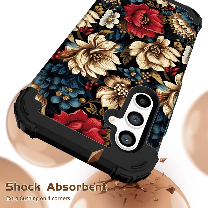SleekCover for Galaxy S24 Plus Case,3 in 1 Floral Pattern Heavy Duty Shockproof Soft Silicone Rubber Bumper+Hard Plastic Hybrid Protective Cover for Samsung Galaxy S24 Plus 6.7",Black Flower - Image 4