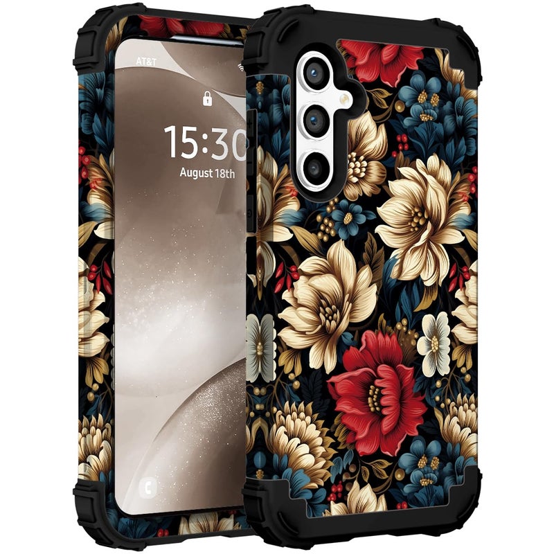 SleekCover for Galaxy S24 Plus Case,3 in 1 Floral Pattern Heavy Duty Shockproof Soft Silicone Rubber Bumper+Hard Plastic Hybrid Protective Cover for Samsung Galaxy S24 Plus 6.7",Black Flower - Image 1