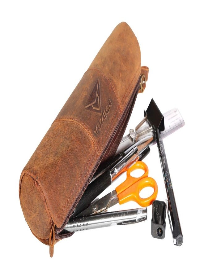 Tuzech Durable Leather Pencil Pouch/Pen Case/Work Accessories/Student & Professionals Essentials, Handmade Brown Color (7.5 inches) - Image 2