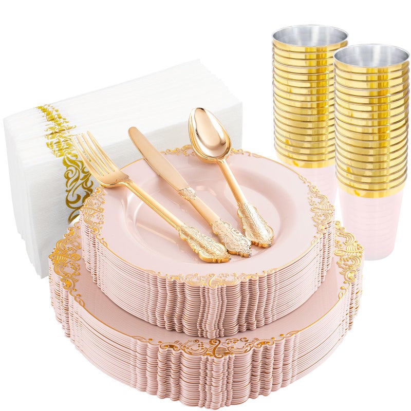 Morejoy 175pcs Pink Plastic Plates  Pink and Gold Disposable Plates 1025 inch Plastic Dinner Plates Perfect for Wedding  Party  Holiday