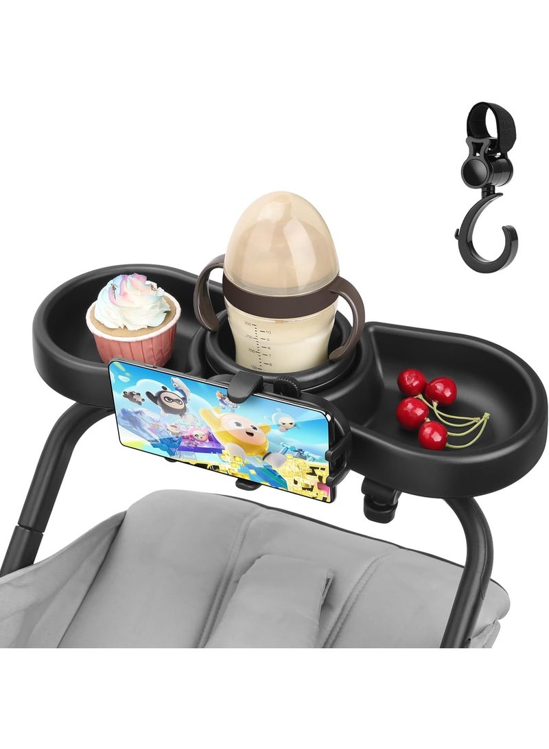 NANAO 4 in 1 Pram Cup Holder Universal, Pram Snack Tray, Removable Stroller Cup Holder, Stroller Snack Tray, Phone Holder, 360 Degree Rotation for Pram, Pushchair - Image 1