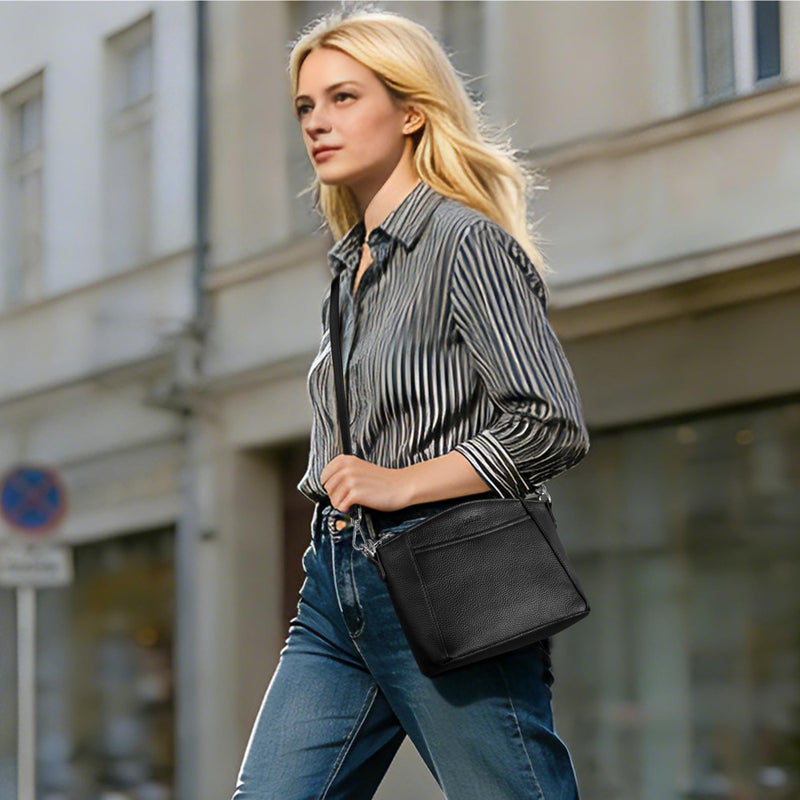 befen Black Genuine Leather Small Crossbody Bags for Women Anti-Theft Cross Body Purse Handbags with RFID Blocking Card Slots Daily & Travel - Image 2