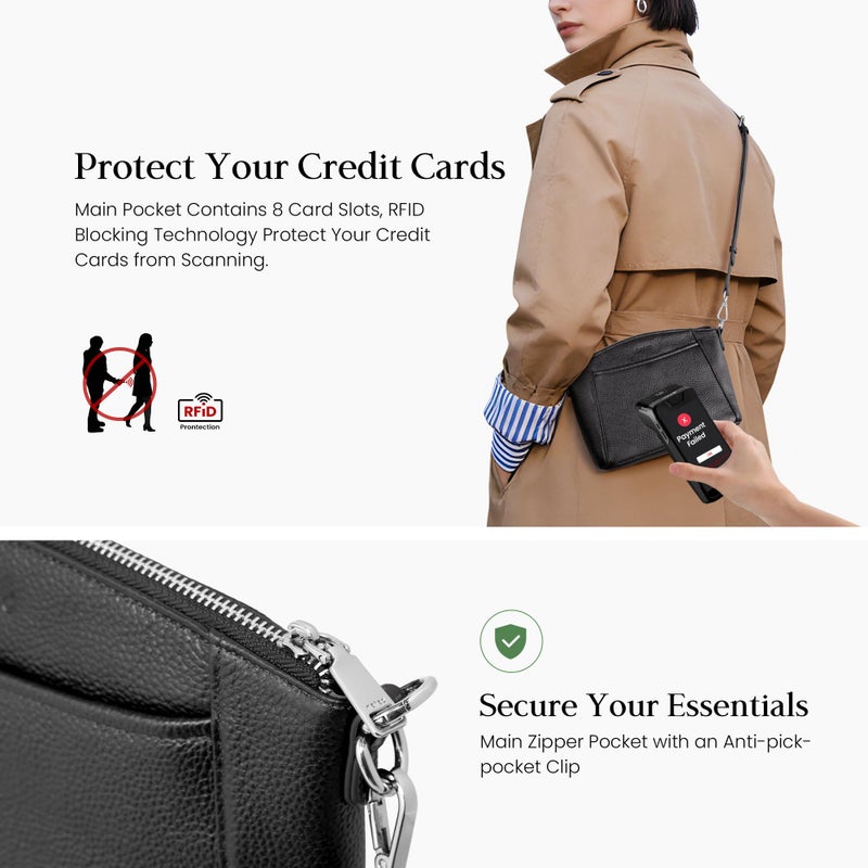 befen Black Genuine Leather Small Crossbody Bags for Women Anti-Theft Cross Body Purse Handbags with RFID Blocking Card Slots Daily & Travel - Image 3