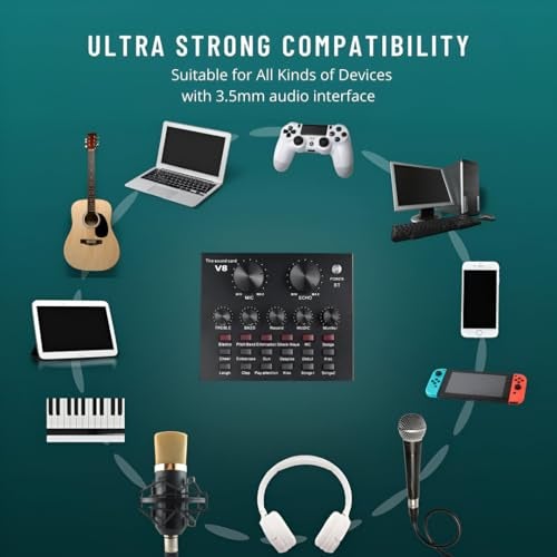 Powerpak V8 Portable Audio Mixer Interface, Bluetooth Sound Card for Live Streaming, Recording, Podcast,Voice Change/Karaoke/Gaming/Singing with Sound Effects, 3.5mm Mic Jack for Guitar - Image 4