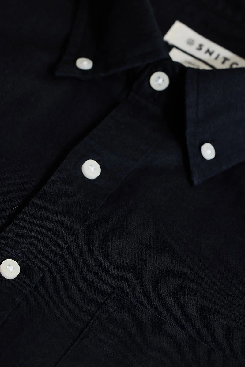 SNITCH Black Linen Blend Slim Fit Shirt