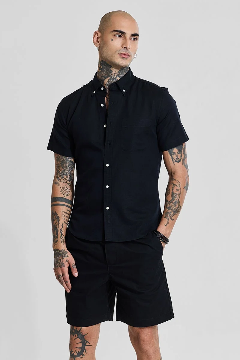 SNITCH Black Linen Blend Slim Fit Shirt