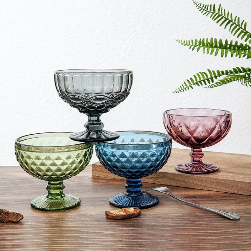 Gaolinci Vintage Line Embossed Glass Footed Dessert Bowl 10 Oz 300ml Clear Round 47D x 42H Dishwasher Safe - Image 5