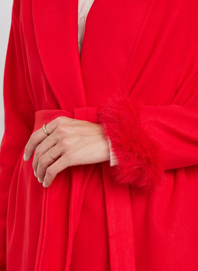 تايك تو معطف طويل برباط وتفصيلة فرو صناعي - Image 4