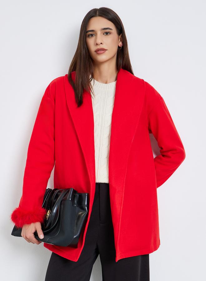 تايك تو معطف طويل برباط وتفصيلة فرو صناعي - Image 1