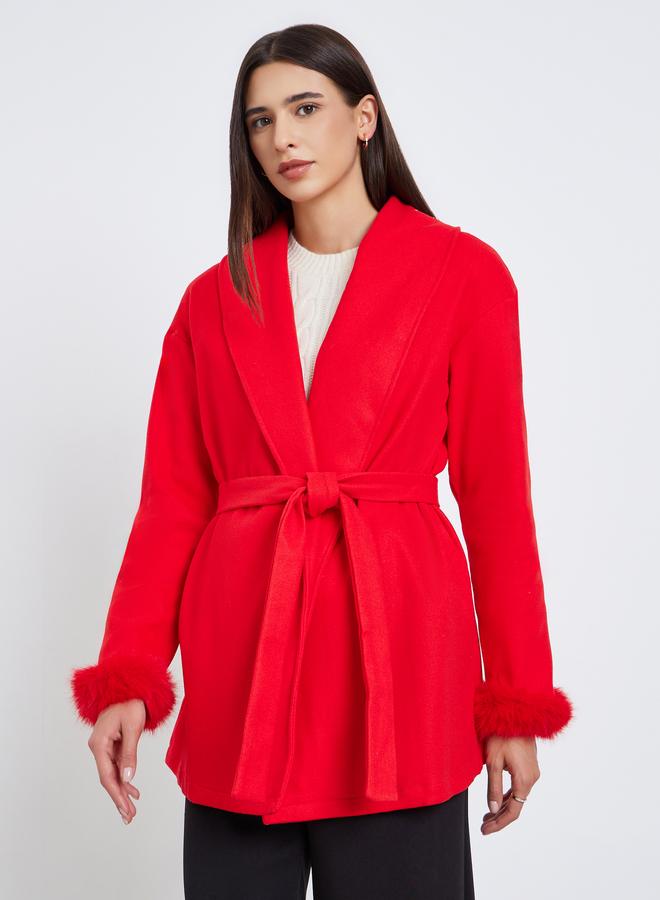 تايك تو معطف طويل برباط وتفصيلة فرو صناعي - Image 3