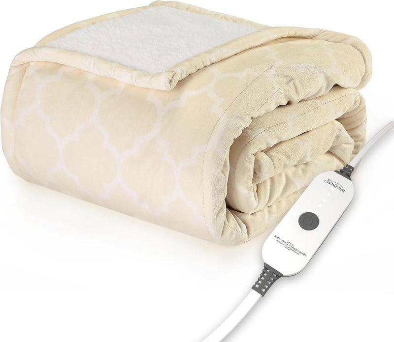 Sunbeam Royal Mink Sherpa Champagne Lattice Heated Personal Throw / Blanket, Cozy-Warm, Adjustable Heat Settings - Image 1