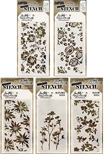 Tim Holtz  Stencils Set 10 Flowers  Five Item Bundle  Roses Floral Blossom Poinsettia and Wildflower