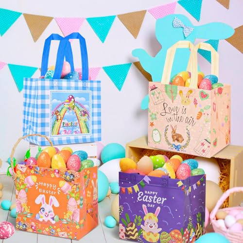 DECHISY 12-Pack Easter Egg Hunt Bags with Handles, Happy Bunny Egg Easter Gift Bags, Non-Woven Easter Tote Bag for Easter Baskets, Easter Party Supplies 8.3×7.9×5.9 inches, 12 Unique Patterns - Image 3