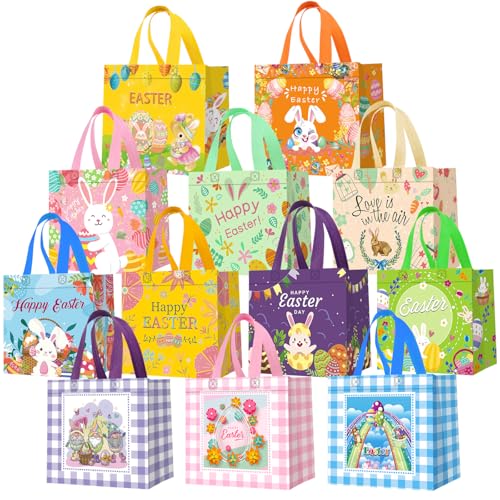 DECHISY 12-Pack Easter Egg Hunt Bags with Handles, Happy Bunny Egg Easter Gift Bags, Non-Woven Easter Tote Bag for Easter Baskets, Easter Party Supplies 8.3×7.9×5.9 inches, 12 Unique Patterns - Image 1