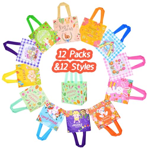 DECHISY 12-Pack Easter Egg Hunt Bags with Handles, Happy Bunny Egg Easter Gift Bags, Non-Woven Easter Tote Bag for Easter Baskets, Easter Party Supplies 8.3×7.9×5.9 inches, 12 Unique Patterns - Image 4