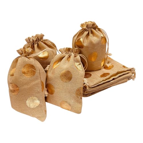 Kriwin Pack of 20 Cotton Jute Drawstring Closure Small Size Gift Potli Bags Pouches Beige with Golden Dots (Beige, 4X6 inch) - Image 1
