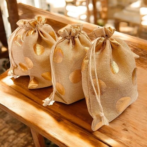 Kriwin Pack of 20 Cotton Jute Drawstring Closure Small Size Gift Potli Bags Pouches Beige with Golden Dots (Beige, 4X6 inch) - Image 2