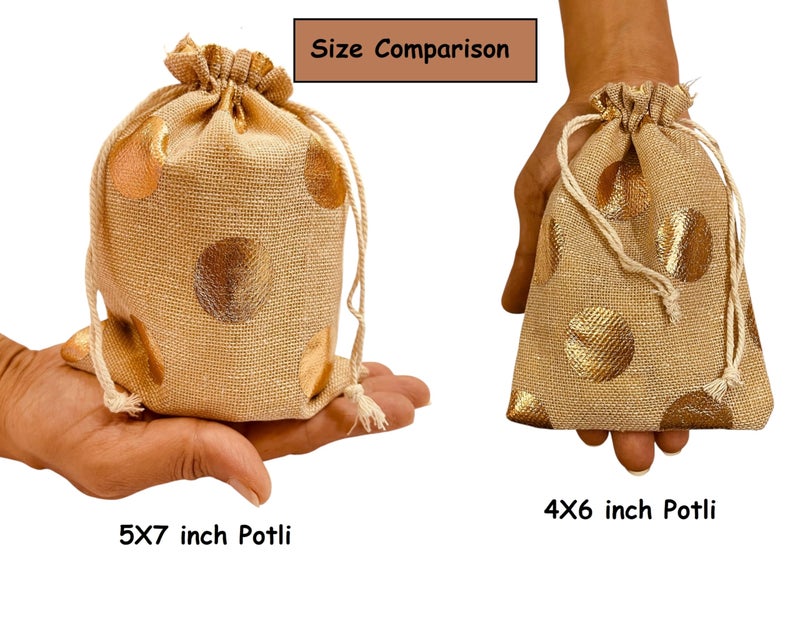 Kriwin Pack of 20 Cotton Jute Drawstring Closure Small Size Gift Potli Bags Pouches Beige with Golden Dots (Beige, 4X6 inch) - Image 3