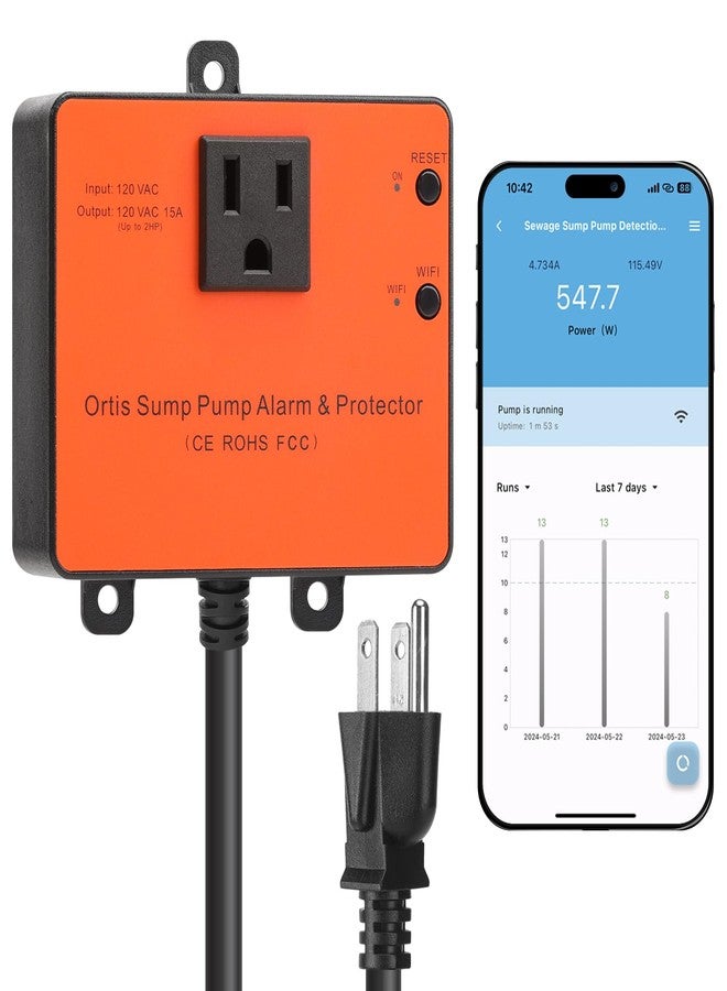 Ortis WiFi Sump Pump Monitor & Alarm, Real-Time Pump Status Monitoring, Automatic Power Cutoff & Alerts for Overload and Dry Run Conditions, Compatible with 1/6 to 2 HP Pumps (No Water Level Sensor) - Image 1