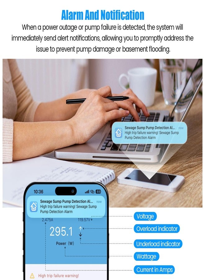 Ortis WiFi Sump Pump Monitor & Alarm, Real-Time Pump Status Monitoring, Automatic Power Cutoff & Alerts for Overload and Dry Run Conditions, Compatible with 1/6 to 2 HP Pumps (No Water Level Sensor) - Image 3