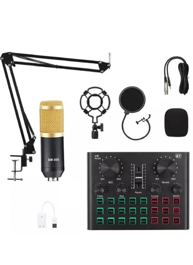 Professional Condenser Microphone With Live Voice Card And Studio Recording Broadcast Kit