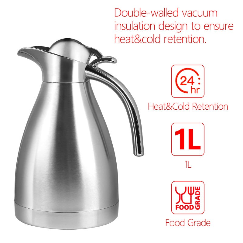 CABAX 34 oz Food-grade Stainless Steel Thermal Carafe/Double Walled Vacuum Insulated Coffee Pot with Press Button Top, 12+ Hrs Heat&Cold Retention for Coffee,Tea,Beverage etc (1.0L) - Image 4