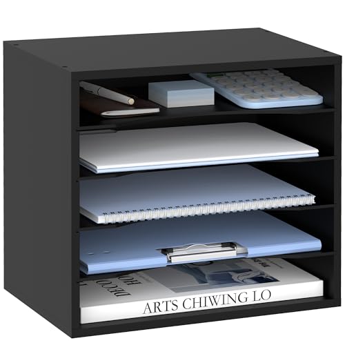 SUPEASY Wood Desk Organizer, 5 Tier Paper File Organizer for Desk, Wooden Desktop Organizer, Paper Letter Literature Mail Sorter, for Office School & Home Organization, Black - Image 1