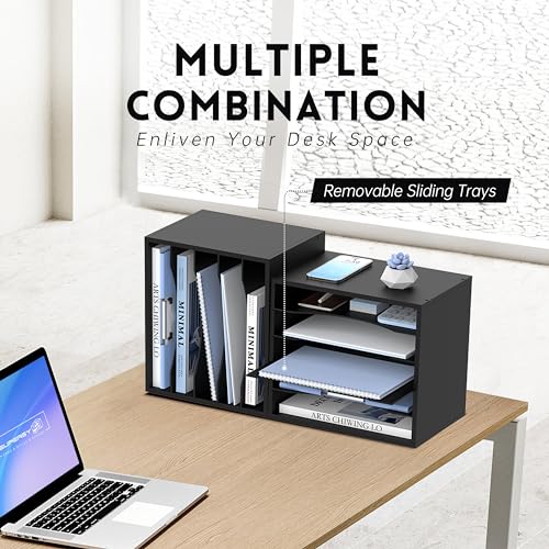 SUPEASY Wood Desk Organizer, 5 Tier Paper File Organizer for Desk, Wooden Desktop Organizer, Paper Letter Literature Mail Sorter, for Office School & Home Organization, Black - Image 2