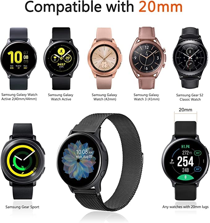 PEFKO Milanese Magnet Watch Strap - Compatible with Amazfit GTS 2 Mini, Bip U/Pro, GTS/GTR, Samsung Galaxy Watch 4/5 (20MM, BLACK) - Image 5